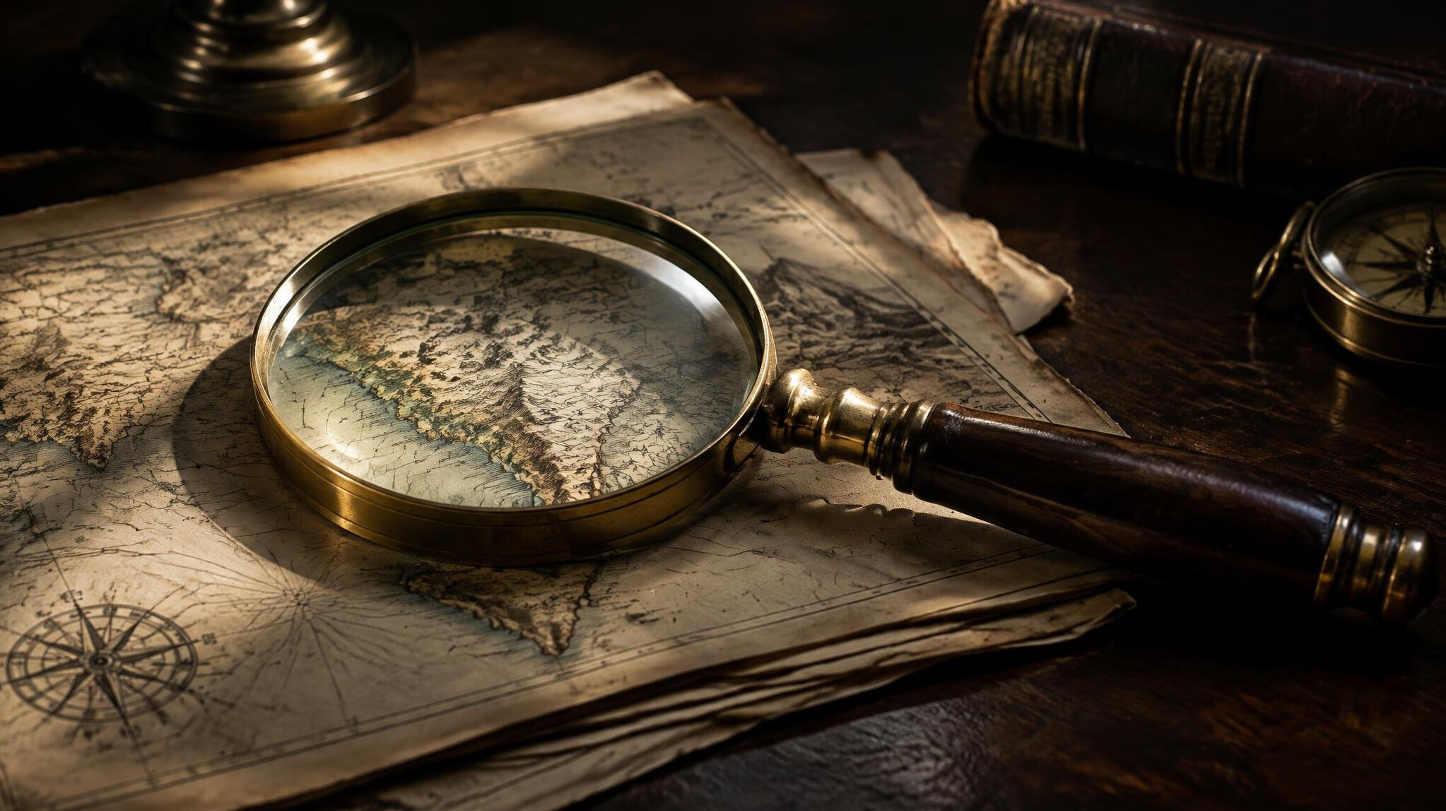 Magnifying glass resting over an old map and documents