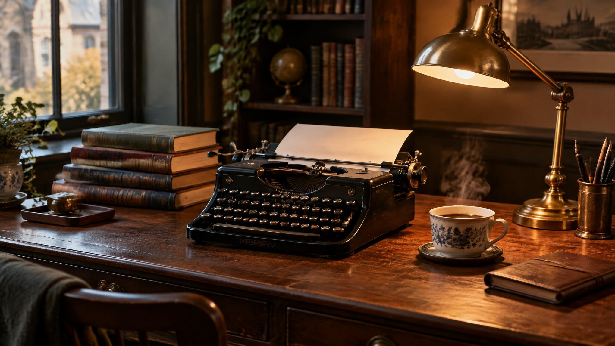 Vintage writer's desk with a typewriter, books and a lamp