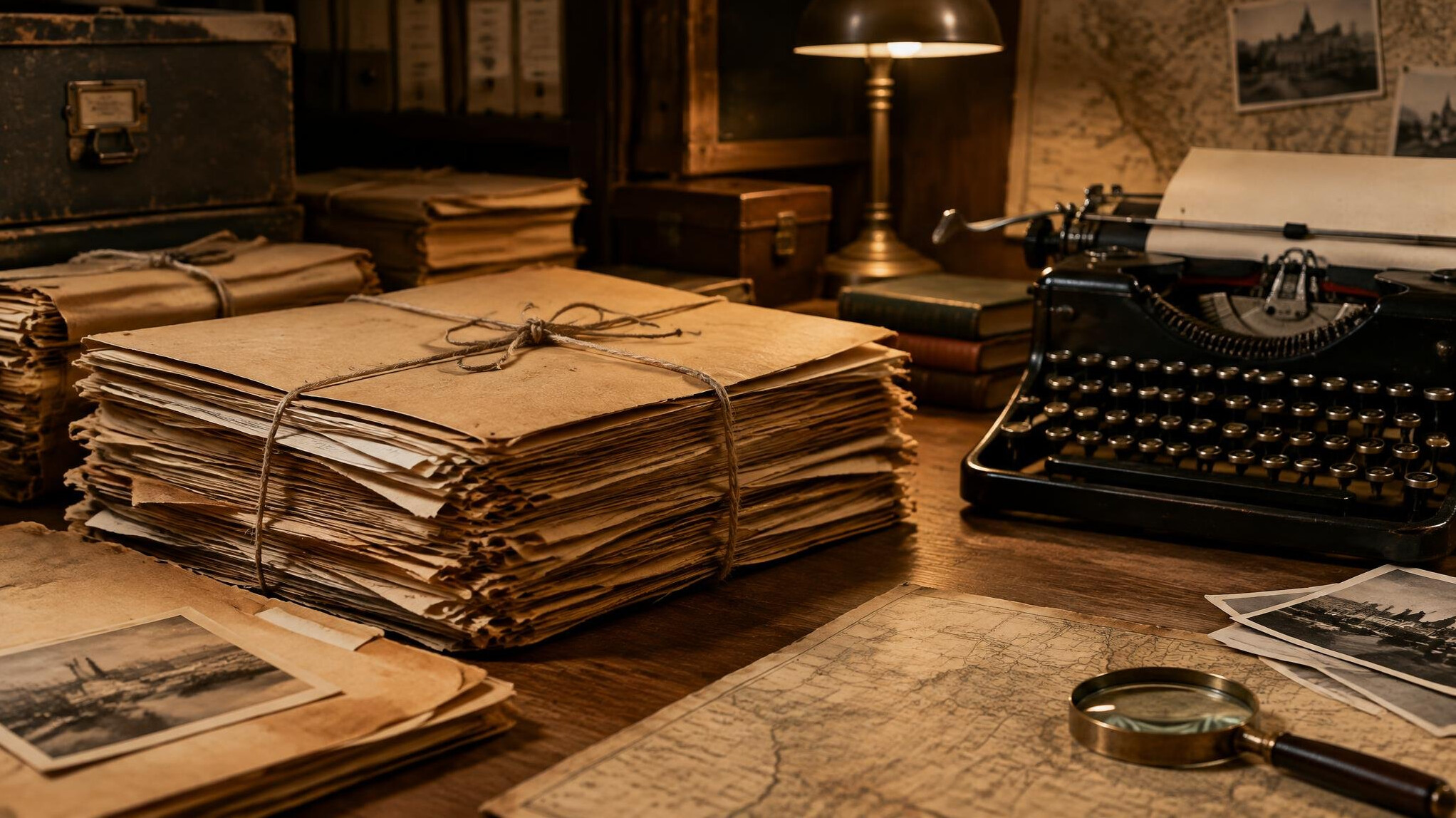 Old archive documents and folders stacked on a wooden table