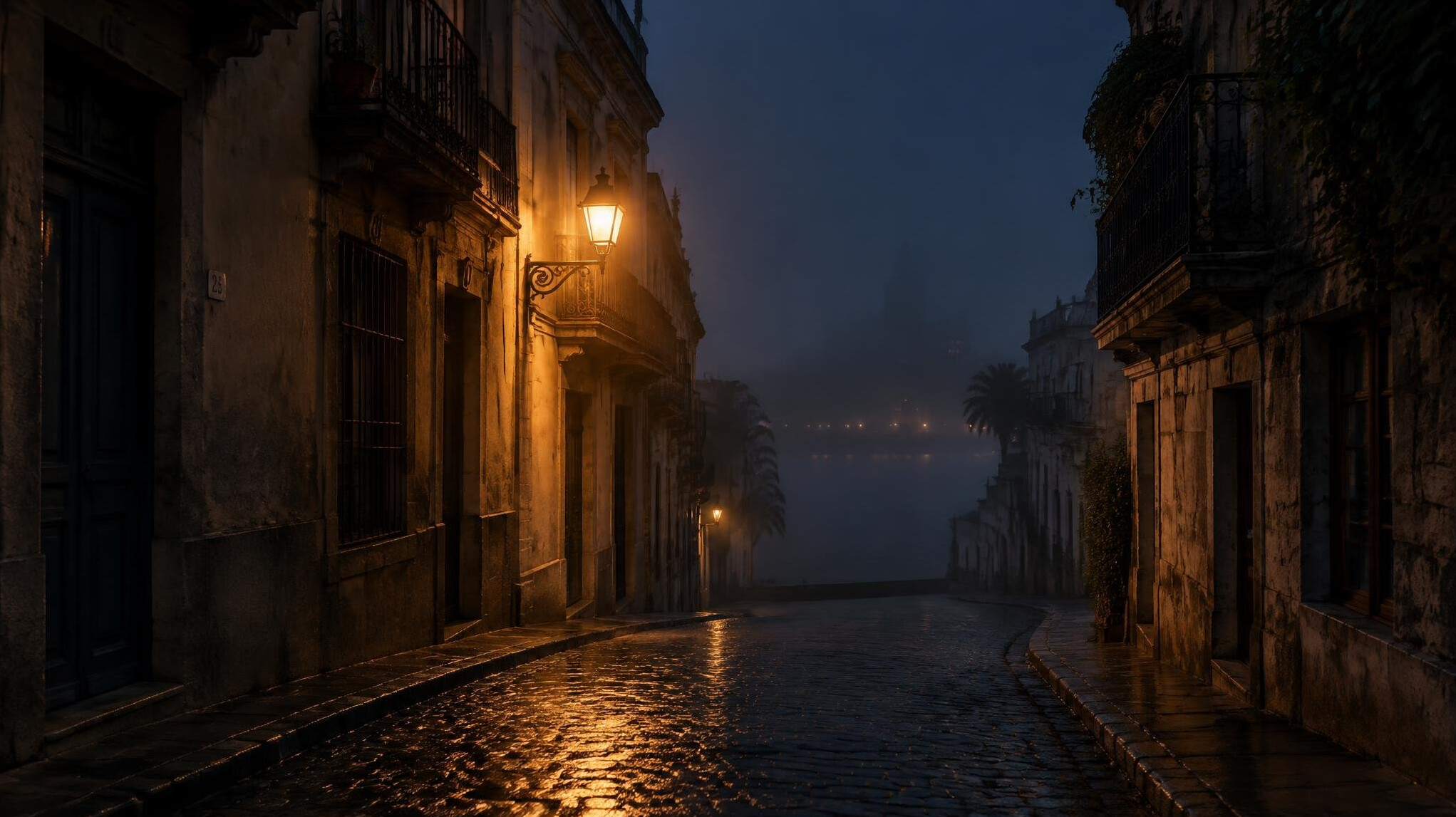Foggy cobblestone street in old Montevideo at night with a single lit streetlamp