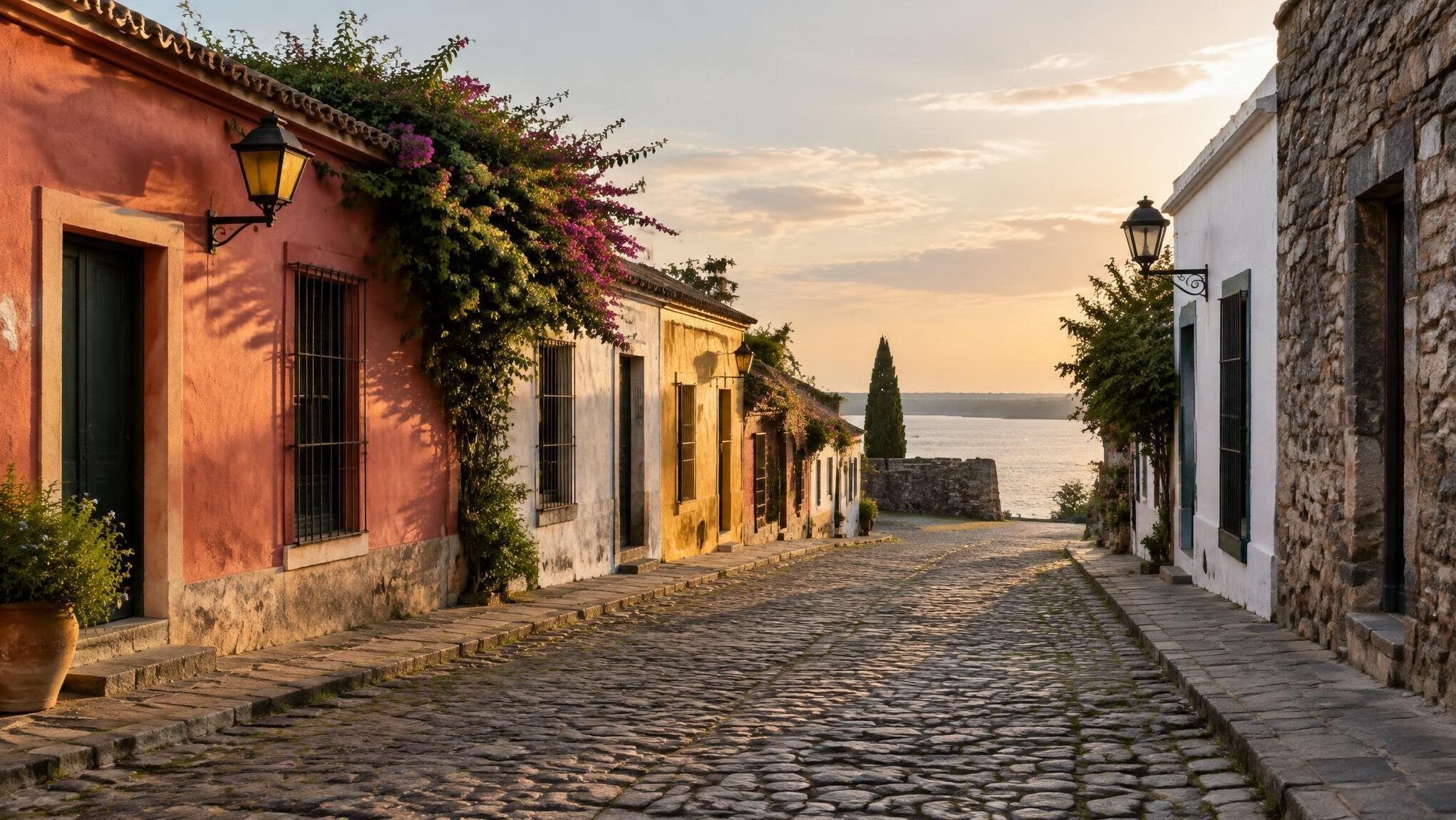 Cobblestone street with colonial houses in Colonia del Sacramento